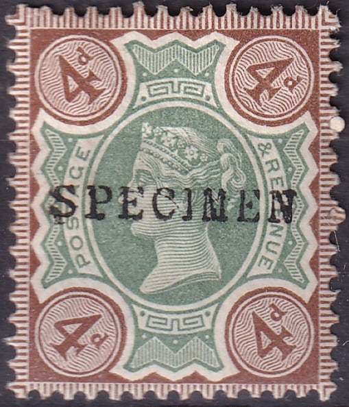 1887 Great Britain Scott 1541 SG 205s 4d Specimen Queen Victoria: Scarce official SPECIMEN issue from Great Britain’s iconic Queen Victoria Jubilee series, corresponding to Stanley Gibbons 205s and Michel GB 91SpI, issued in 1887. This attractive 4 Pence stamp was
