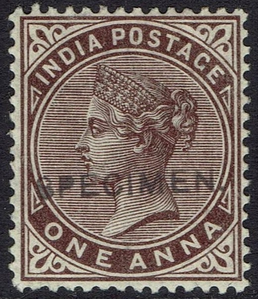 1883 India One Anna Queen Victoria SPECIMEN Star Watermark: Issued in 1883 during the reign of Queen Victoria, this classic British India One Anna definitive is an attractive example of the Victorian colonial postal issues that served one of the largest territ