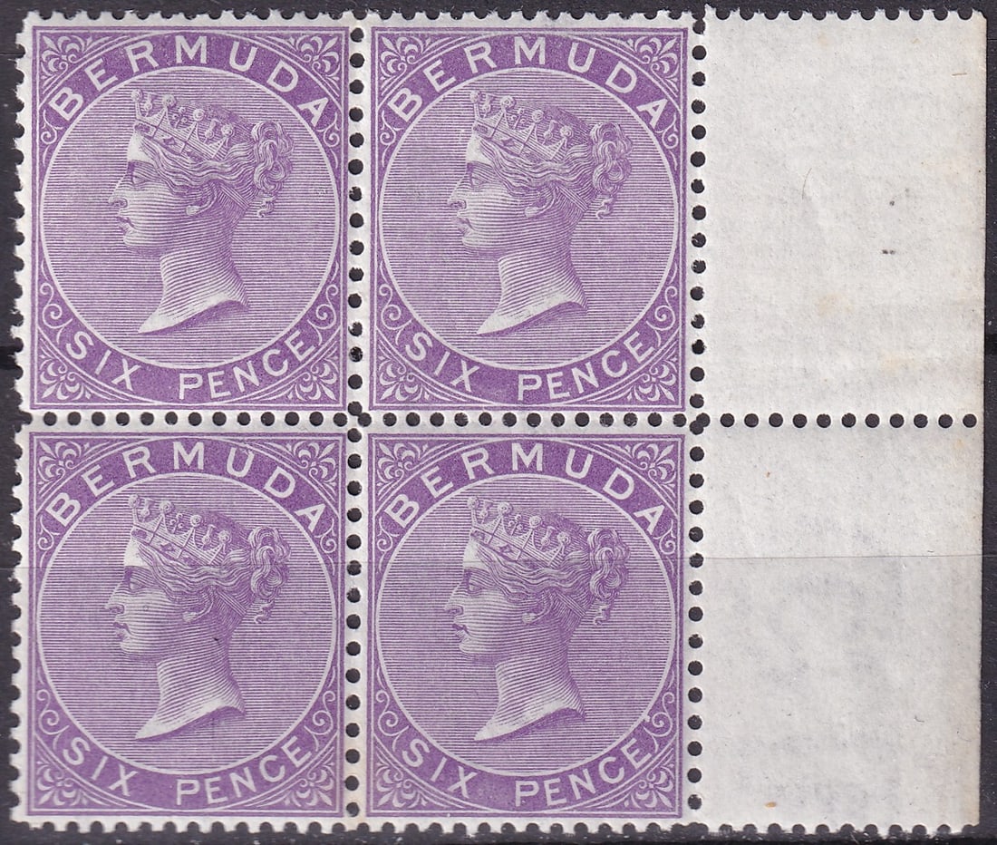 1903 Bermuda Scott 8 SG 10a 6d Queen Victoria MNH Block of 4: Issued in 1903, this impressive Mint Never Hinged block of four from Bermuda features the final definitive portrait of Queen Victoria, representing one of the earliest twentieth-century issues of this