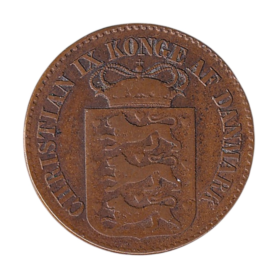 1868 Danish West Indies 1 Cent KM68 Christian IX Bronze Coin: Issued for the Danish West Indies under the reign of King Christian IX, this original 1 Cent bronze coin is catalogued as KM68 and was struck between 1868 and 1883 at the Copenhagen Mint. Measuring 21