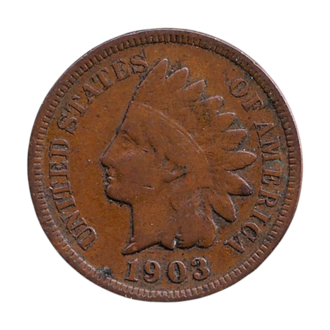 1903 USA 1 Cent Indian Head KM90a Bronze Coin: Issued in 1903, this original United States Indian Head Cent is catalogued as KM90a and belongs to the celebrated Small Cent series struck from 1859 to 1909. Designed by James Barton Longacre, the coi