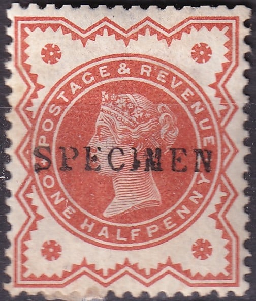 British Commonwealth 1887 Great Britain Scott 86SpI half d Queen Victoria SPECIMEN: Issued in 1887 as part of the celebrated Queen Victoria Jubilee Issue, this original ½ Penny SPECIMEN stamp from Great Britain is catalogued as Scott 86SpI, Michel GB 86SpI, and Stanley Gibbons