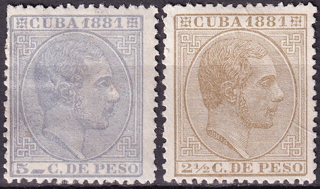 1881 Cuba Alfonso XII 5c 10c SG94 95 Mint Classic Pair: A classic mint pair from Cuba under Spanish colonial administration, issued in 1881 and featuring King Alfonso XII. This early definitive series, catalogued as Scott 97 and 98 and Stanley Gibbons 94 a