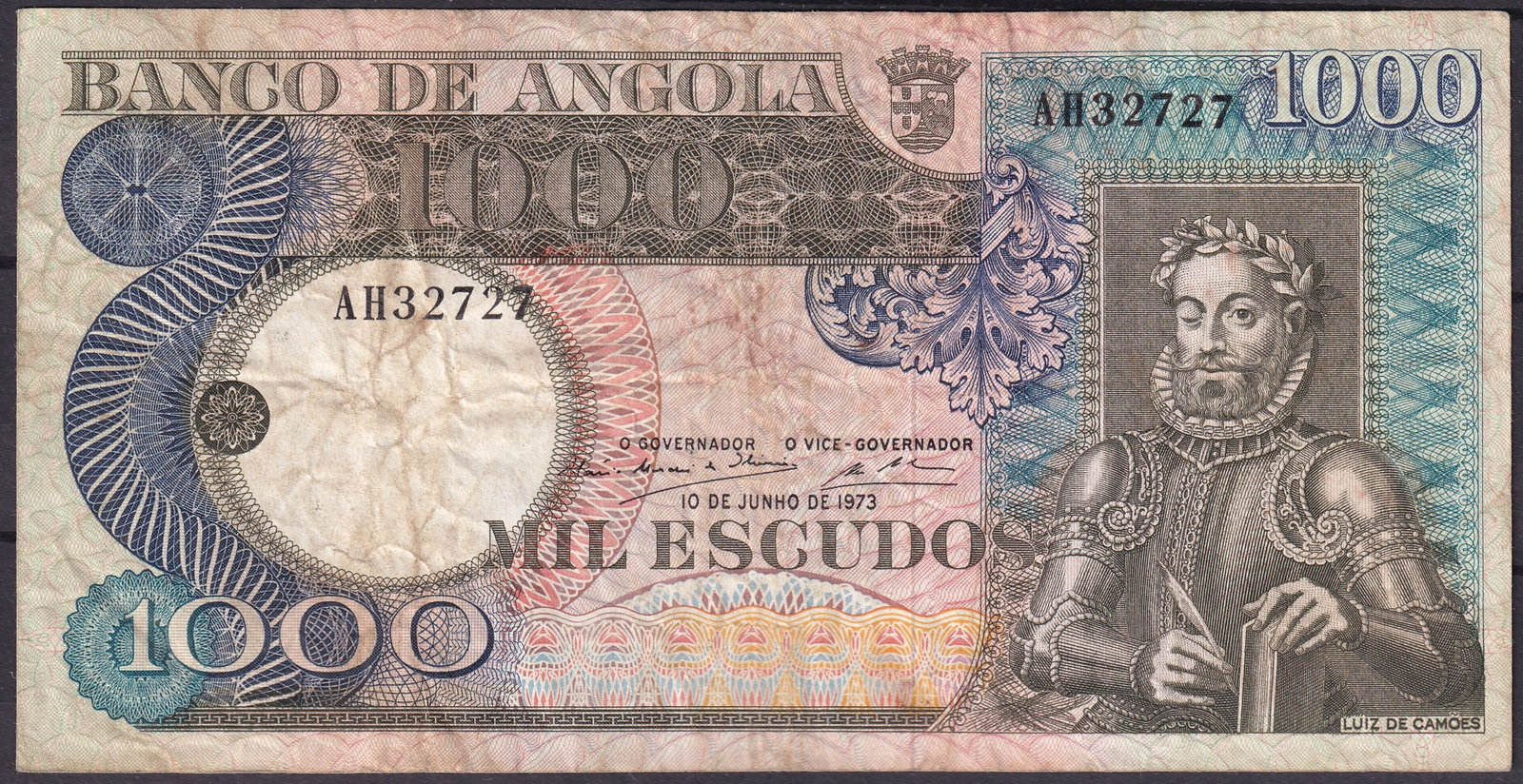 1973 Angola 1000 Escudos Pick 106 Serial AH32727 Colonial Era Banknote (1 of 2)