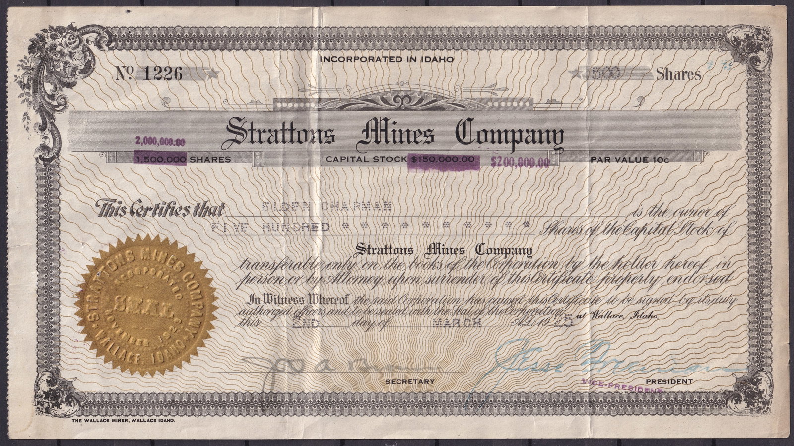 Strattons Mines Company Idaho Mining Share Certificate 1927 VF (1 of 2)