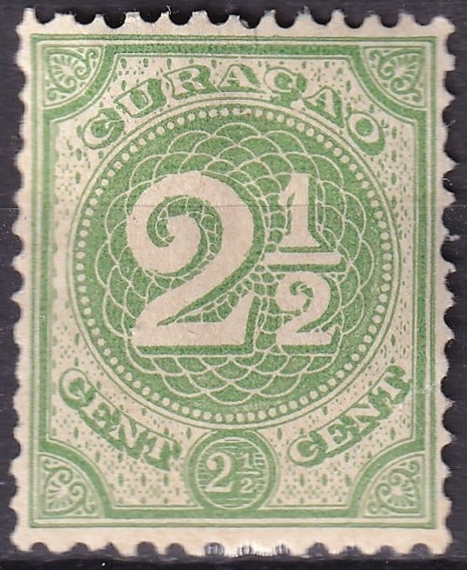 1890 Curacao Scott 15 2½c Numeral Green Shade Variant: Curacao 1890, Scott 15, 2½ cent green from the classic Numerals issue of the Netherlands Antilles, printed by typography and perforated comb 12½. This clean late nineteenth-century defin