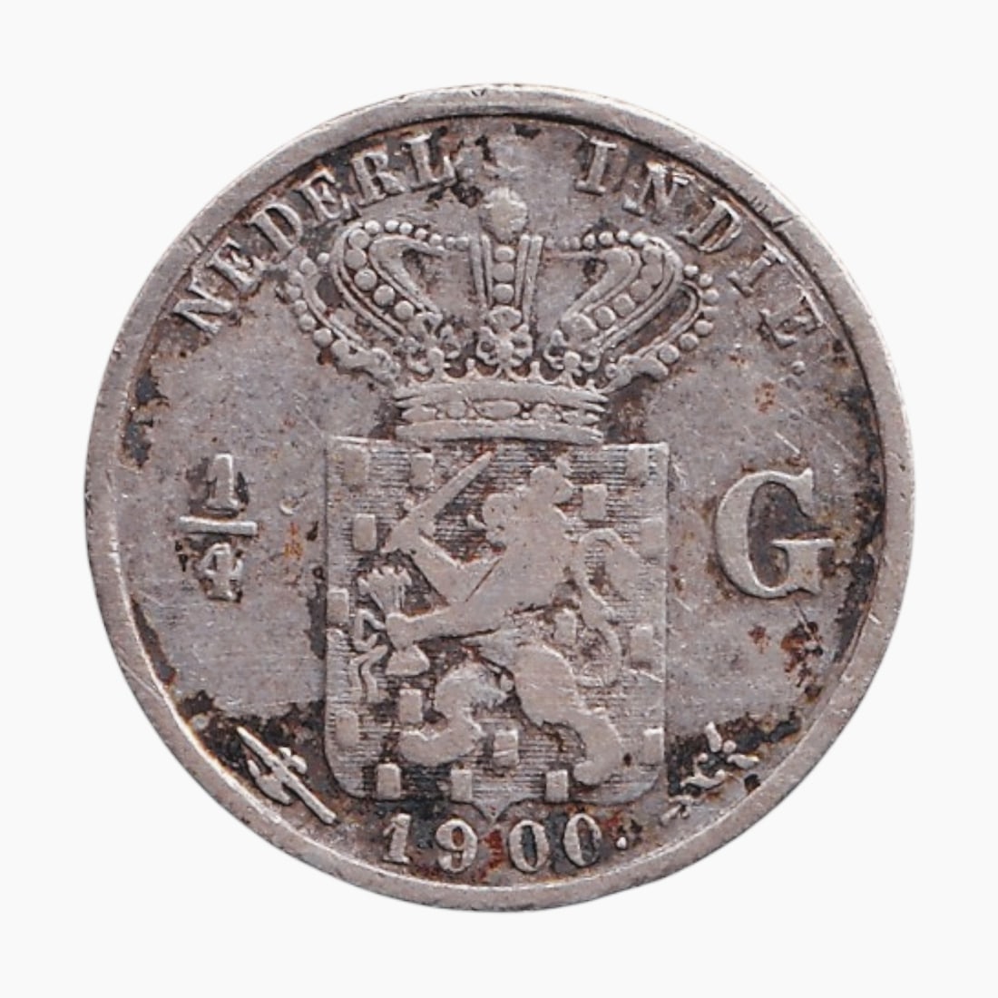 1900 Netherlands East Indies 1/4 Gulden KM305 Silver Low Mintage: A desirable silver 1/4 gulden coin from the Netherlands East Indies, dated 1900 and catalogued as KM305, struck at the Royal Dutch Mint in Utrecht during the height of Dutch colonial administration in
