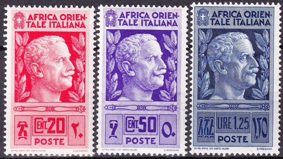 1938 Italian East Africa Scott IT-EA 6 10 13 Vittorio MNH Set: A highly attractive mint never hinged trio from Italian East Africa issued in 1938, depicting the effigy of King Vittorio Emanuele III, ruler of Italy and symbolic figurehead of the Italian colonial e