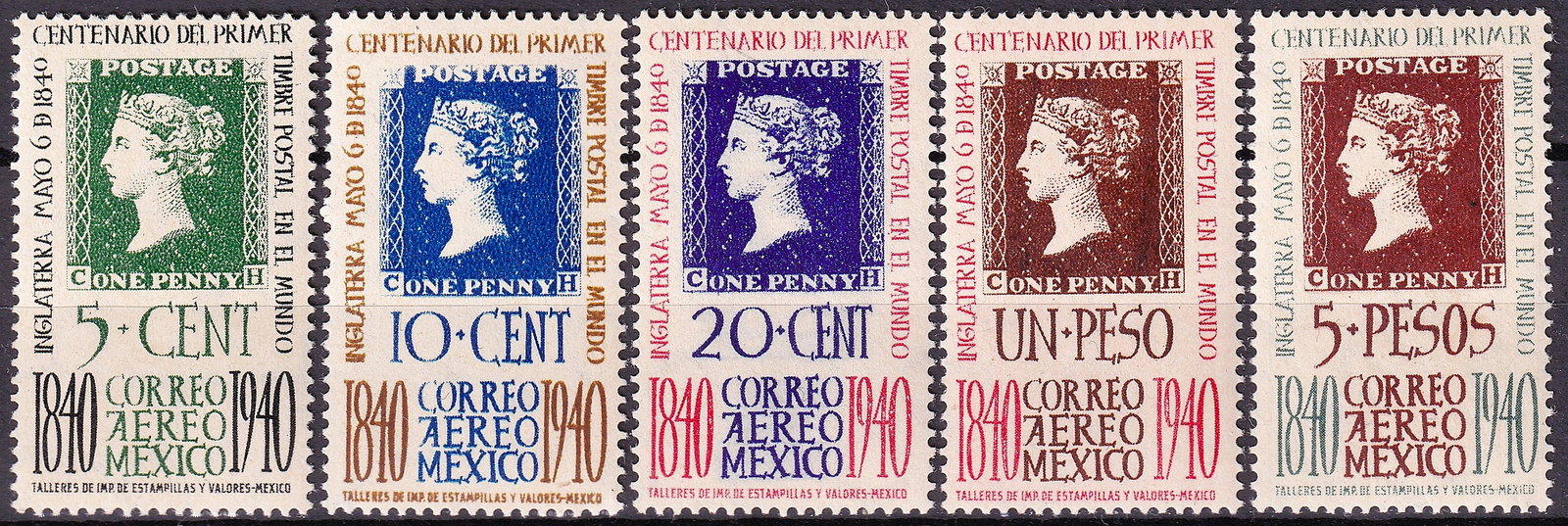Mexico 1940 Scott C103-C107 Penny Black Centenary Airmail Set MNH: This impressive complete airmail commemorative set was issued by Mexico on May 6, 1940 to celebrate the centenary of the world’s first adhesive postage stamp, the famous British Penny Black of 1840.