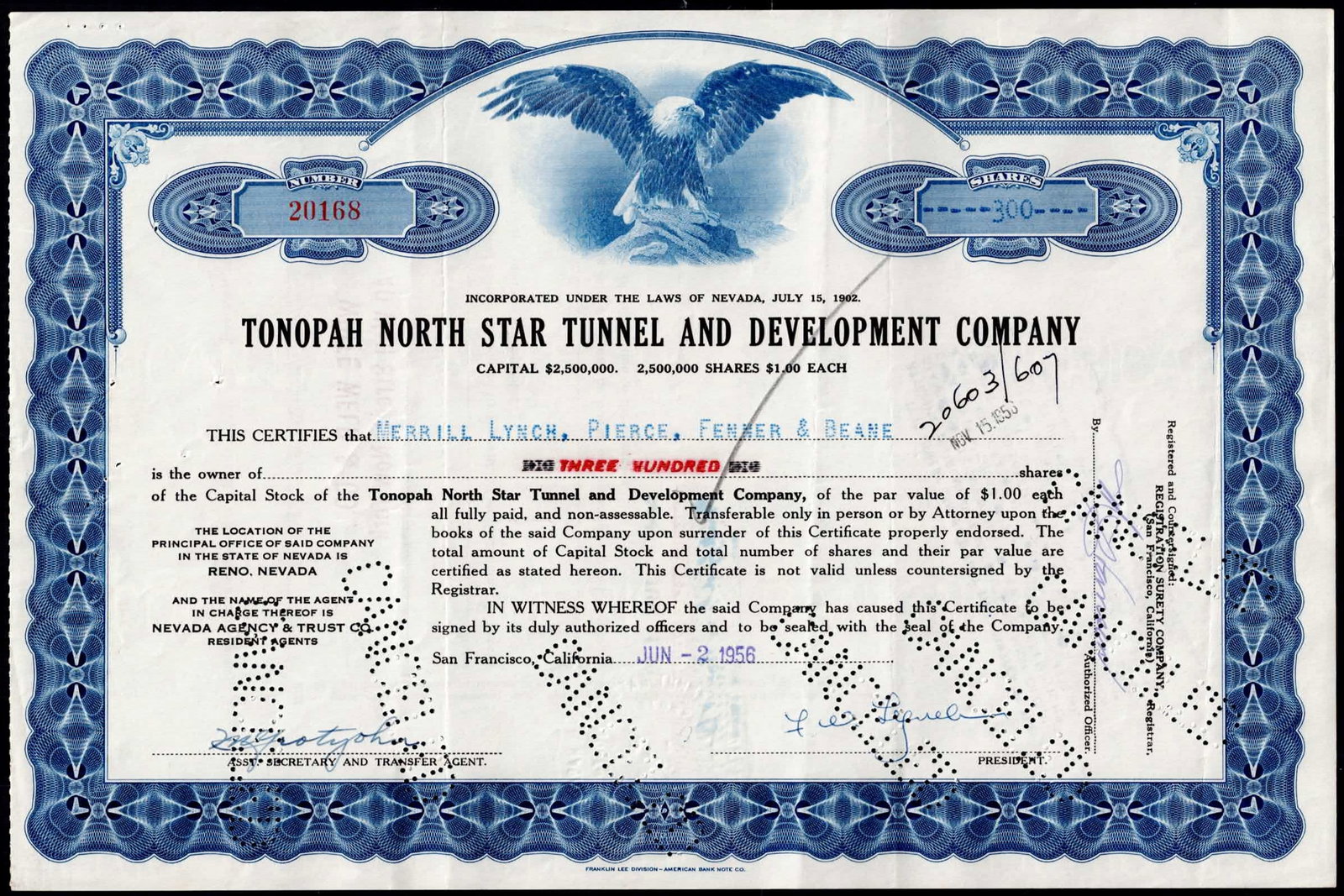 1956 Tonopah North Star Tunnel Development Co Stock Certificate VF: Historic mining stock certificate issued by the Tonopah North Star Tunnel and Development Company, incorporated under the laws of the State of Nevada on July 15, 1902. This attractive mid-twentieth-ce