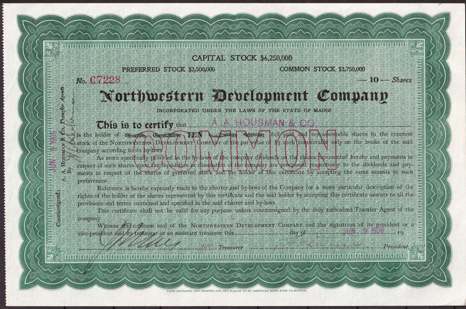 1906 Northwestern Development Company Stock Certificate C7228 VF (1 of 2)