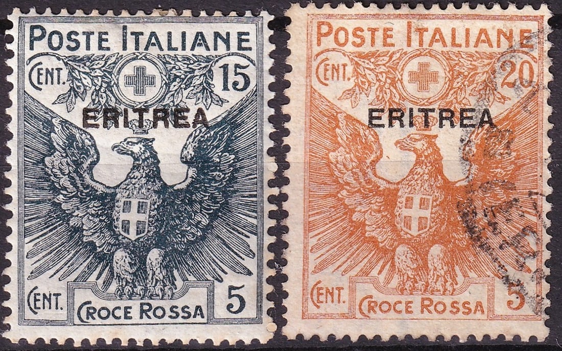 1916 Eritrea Scott B2 B3 Italian Red Cross Overprints 15c 20c Pair: A scarce and historically important pair from the Italian Eritrea Red Cross overprint issues of 1915–1916, catalogued as Scott B2 and B3. These semi-postal stamps originate from Italy’s Croce Ross