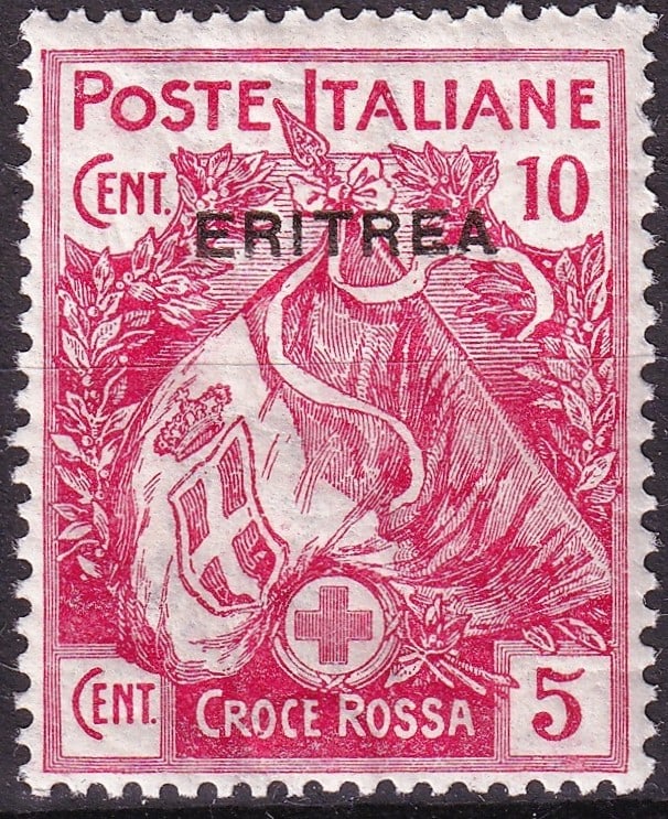 1916 Eritrea Scott B1 Italian Red Cross Overprint 10c 5c Mint: A historically significant semi-postal issue from Italian Eritrea, this 1916 stamp is catalogued as Scott B1 and represents the Red Cross fundraising series overprinted “ERITREA” for use in th