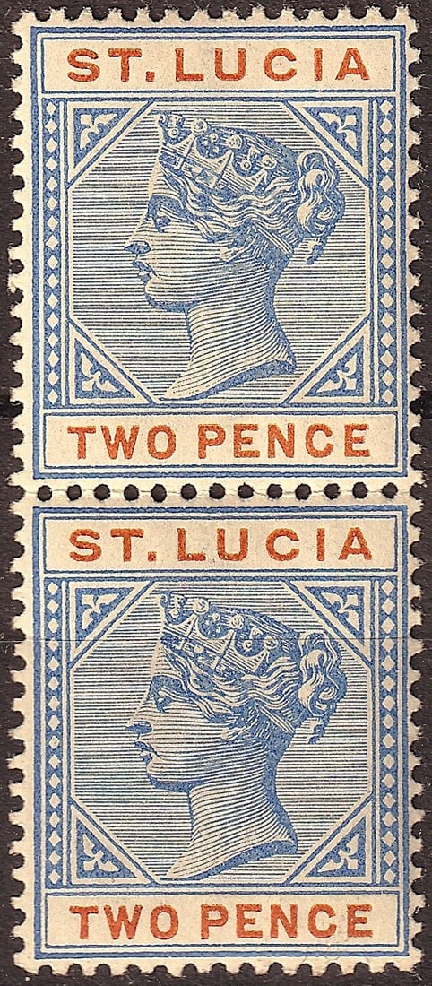 1898 St Lucia Scott 30 2d Queen Victoria De La Rue Pair MNH: Issued in 1898 for the British colony of St Lucia, this attractive pair of 2 pence stamps depicting Queen Victoria represents a classic late Victorian colonial definitive printed by De La Rue & Co. Lt