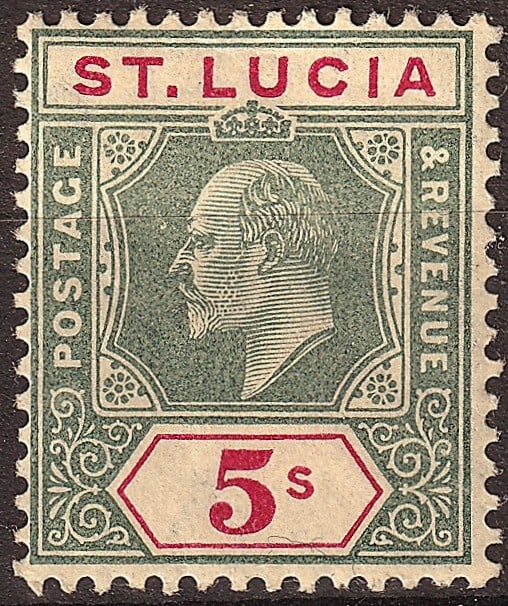 1923 St Lucia Scott 89 5s Edward VII Postage Revenue: St Lucia 1923 definitive high value 5 shillings issue, catalogued as Scott 89, printed by De La Rue & Co. Ltd. using typography on pale yellow chalk-coated paper with Crown CA multiple watermark and p
