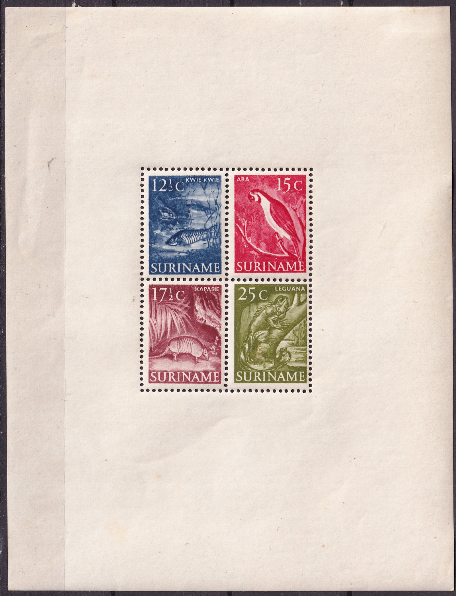 1955 Suriname Fauna Souvenir Sheet Scott 263a MNH: This impressive large-format souvenir sheet from Suriname, issued on February 14 1955, presents a beautifully balanced depiction of native wildlife and reflects the rich biodiversity of the South Amer
