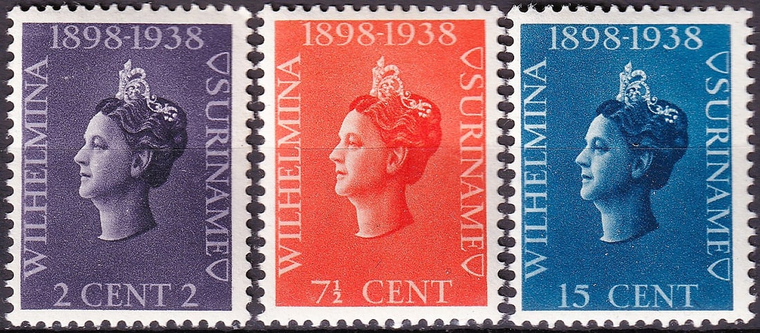 1938 Surinam Queen Wilhelmina Anniversary Set Scott 164-166 MNH: Complete mint never hinged three-value commemorative set issued by Surinam on August 27, 1938 to celebrate the 40th anniversary of the reign of Queen Wilhelmina of the Netherlands. The series presents
