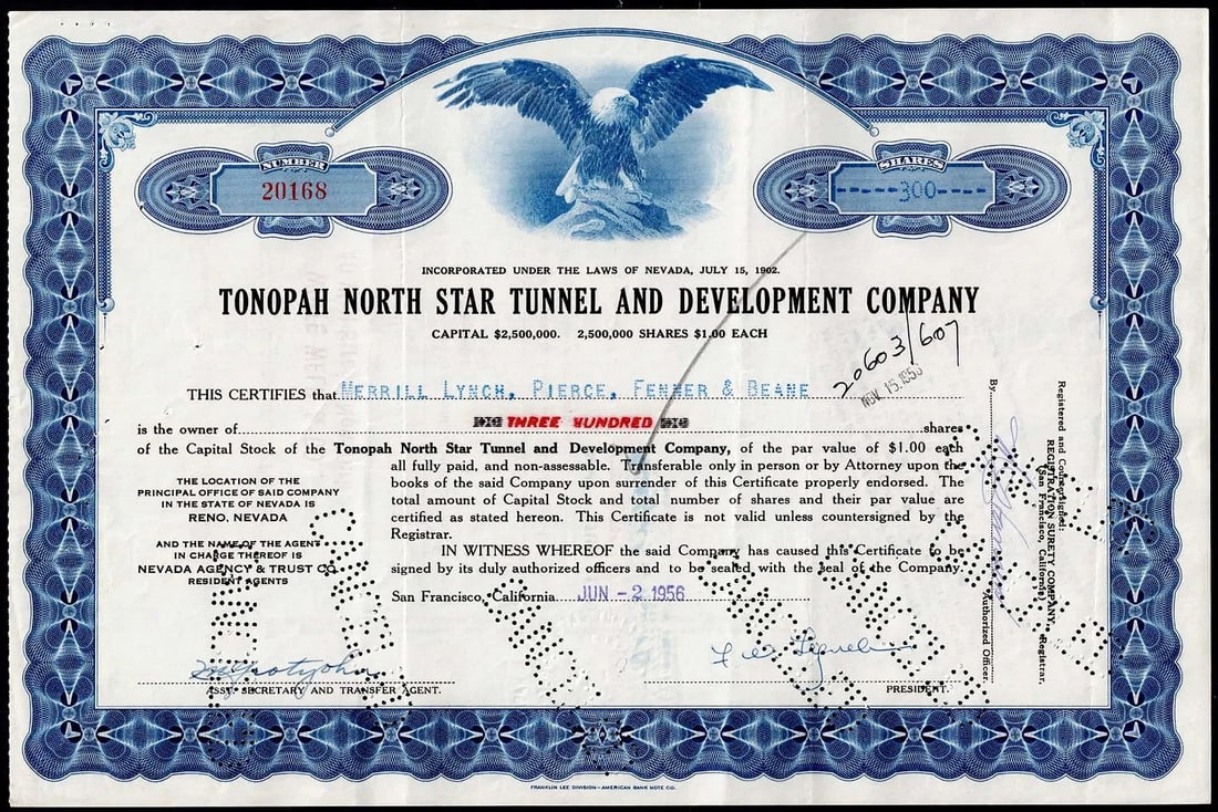 1956 Tonopah North Star Tunnel Stock Certificate 300 Shares Nevada Mining: Issued on June 2, 1956, this original Tonopah North Star Tunnel and Development Company stock certificate represents 300 shares with a par value of $1.00 each and documents one of the many corporation