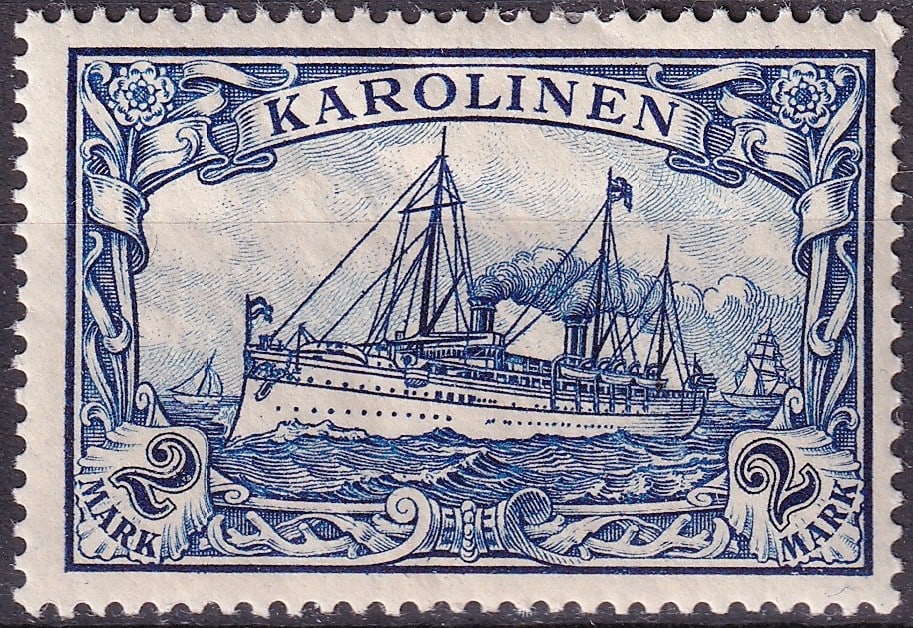 1900 Caroline Islands German Yacht 2 Mark Scott DR-KAR 17 MNH: A highly desirable classic colonial issue from the German Empire, originating from the Caroline Islands and featuring the iconic Hohenzollern Yacht design, issued in December 1900. This 2 Mark value, 