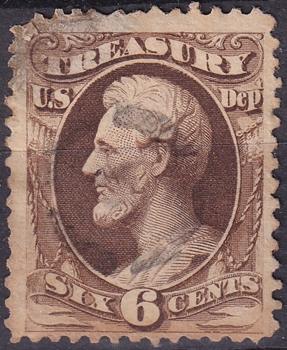 USA 1879 Scott O110 Treasury 6c Lincoln Brown Official: Issued in 1879 as part of the United States Official stamp series, this 6 cent brown Treasury Department issue features a finely engraved portrait of Abraham Lincoln, one of the most revered figures i