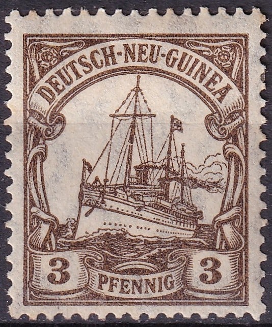 1918 German New Guinea Yacht 3pf Watermarked Scott DR-NG 20 MNH: A scarce late issue from the German colonial Yacht series of Deutsch-Neuguinea, issued in 1918 and catalogued as Scott DR-NG 20 (Michel DR-NG 24, Stanley Gibbons DR-NG 20). This 3 pfennig value is pri