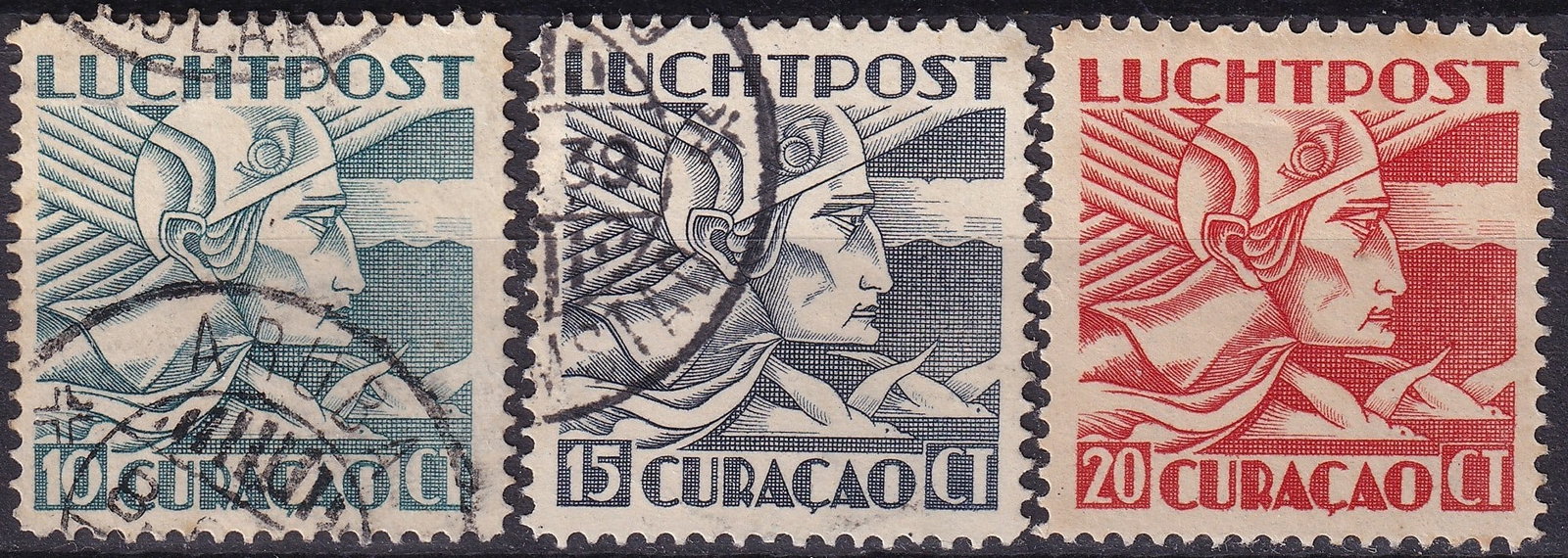 1931–1938 Curaçao Airmail Set 10c–20c – Scott AN C4–C6, Engraved: This complete trio of Curaçao airmail stamps, issued between 1931 and 1938 and listed as Scott AN C4–C6, represents one of the most iconic aviation-themed designs of the Netherlands Antilles. Creat