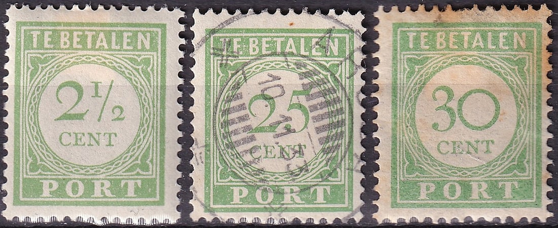 1937 Curacao Postage Due Set Scott J21 J27 J28 MH Used: A scarce and visually appealing trio of postage due stamps from Curacao, Netherlands Antilles, issued between 1937 and 1939 and catalogued as Scott J21, J27, and J28. These classic “PORT” issu