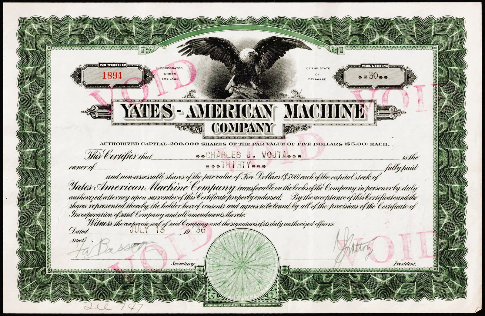 1938 Yates-American Machine Company 30 Shares Stock Certificate VF (1 of 2)
