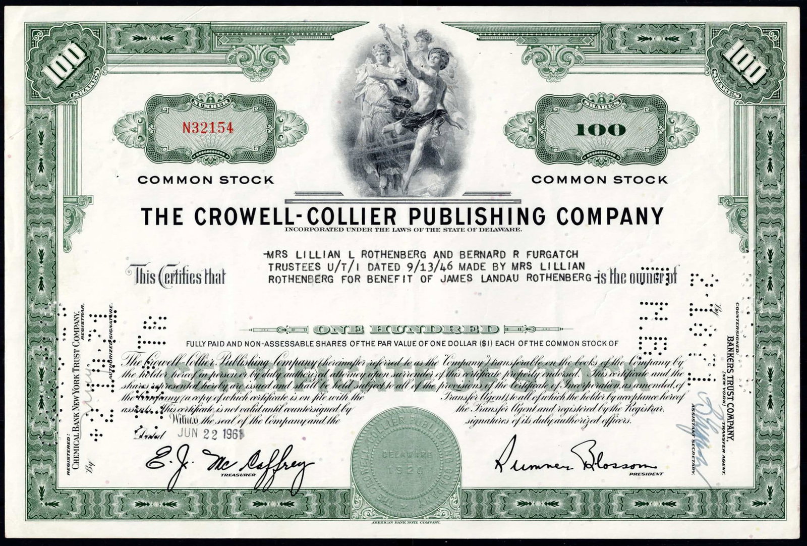 1961 Crowell-Collier Publishing Company 100 Shares Stock Certificate VF: Historic stock certificate issued by The Crowell-Collier Publishing Company, incorporated under the laws of the State of Delaware and dated June 22, 1961. This attractive mid-twentieth-century certifi