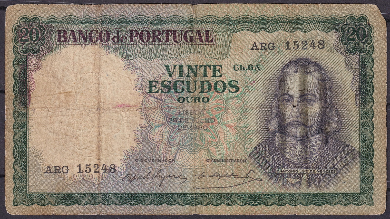 1960 Portugal 20 Escudos Ch.6A Serial ARG15248 Banco de Portugal Banknote: Issued by Banco de Portugal, this historic 20 Escudos Ouro banknote bears serial number ARG15248 and catalog reference Ch.6A. The note belongs to the classic Escudo gold-value series introduced during