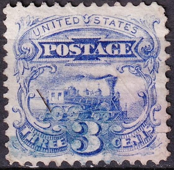 USA 1875 Scott 125 3c Locomotive Reprint Blue: This distinctive United States 3 cent blue issue belongs to the famous 1875 reprints of the celebrated 1869 Pictorial series, one of the most innovative and artistically important stamp emissions in n