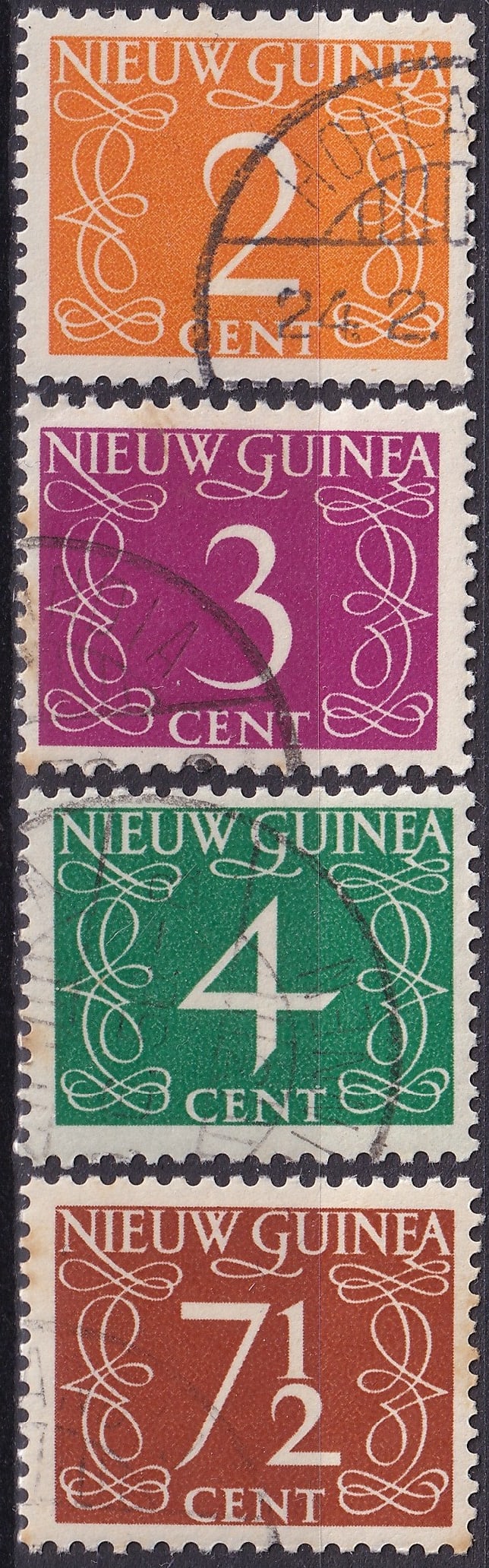1950 Netherlands New Guinea Definitives – Number Series 2c, 3c, 4c & 7½c (Scott NL-NG: This is a complete group of four early definitive stamps issued for Netherlands New Guinea in 1950, representing the low-value denominations of the long-running numerical series designed by the famed 