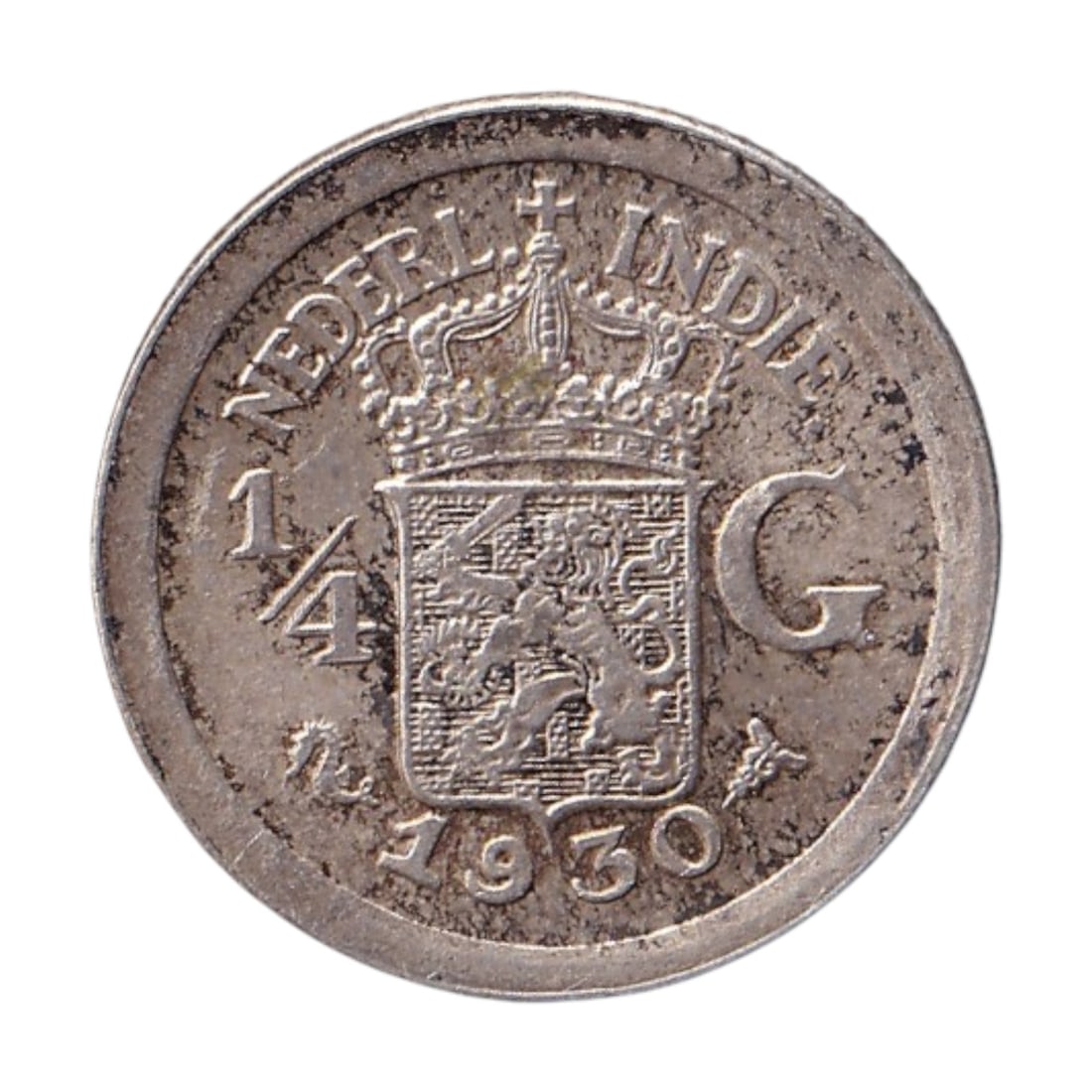 1930 Netherlands East Indies 1/4 Gulden KM312 Silver Colonial Issue: A classic silver 1/4 gulden coin from the Netherlands East Indies, dated 1930 and catalogued as KM312, struck at the Royal Dutch Mint in Utrecht during the late Dutch colonial period in Southeast Asia