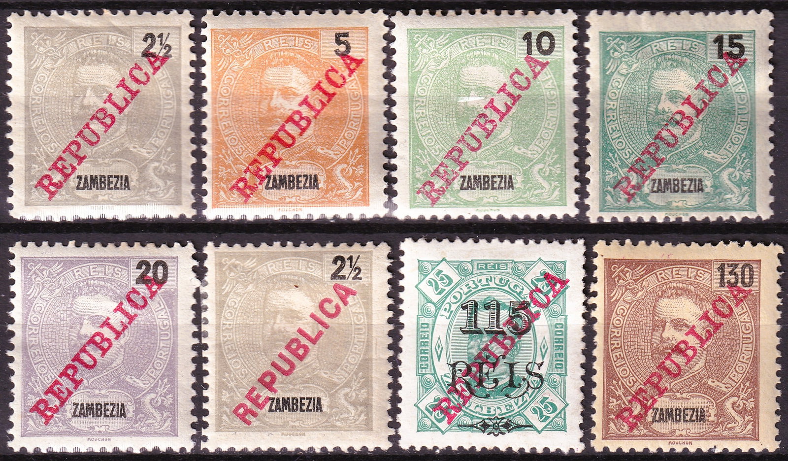 Portuguese 1914–1917 Zambezia King Carlos I Republica Overprints Scott 95–103: This group comprises a representative selection of King Carlos I definitive stamps of Zambezia surcharged and locally overprinted REPUBLICA during the transitional republican period between 1914 and 1