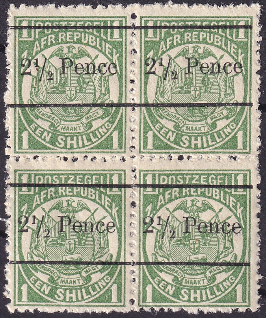 Transvaal 1893 Coat of Arms 2½d Pence Surcharge on 1 Shilling Green Scott 146 Block of Four: This 1893 Transvaal Coat of Arms provisional issue bearing the 2½d Pence surcharge on the original 1 shilling green stamp forms part of the later surcharge series created to accommodate changin
