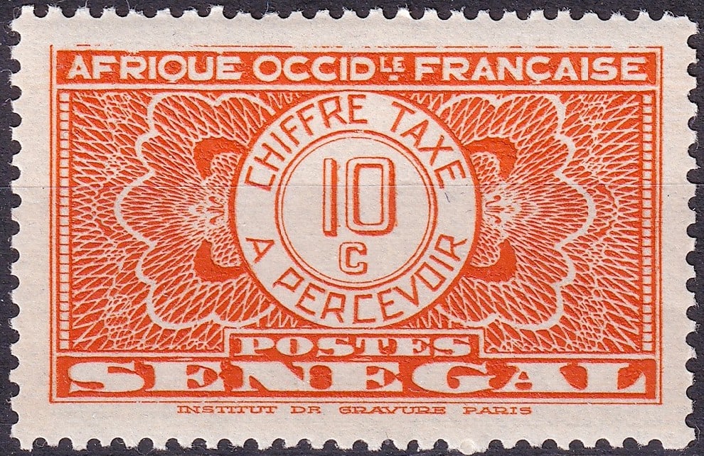 1935 Senegal Scott J23 Postage Due 10c French West Africa MNH: A classic mint never hinged postage due stamp from Senegal issued in 1935 under French colonial administration in Afrique Occidentale Francaise, catalogued as Scott J23. Printed in red by the Institut