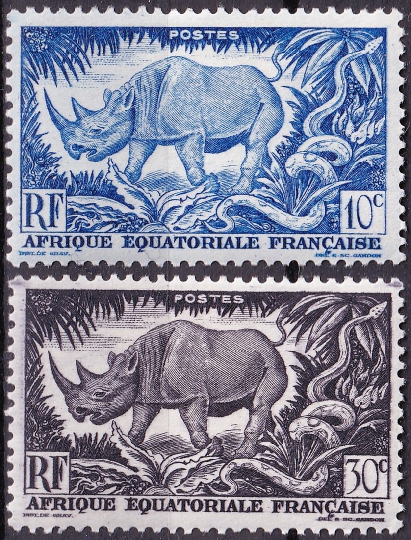 1947 French Equatorial Africa Scott 166-167 Rhinoceros MNH Pair: 1947 French Equatorial Africa Definitive Series consisting of the 10 centimes blue and 30 centimes black violet values depicting the Black Rhinoceros (Diceros bicornis) together with an African Rock P