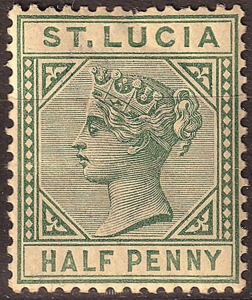 1883 St Lucia Scott 31 ½d Queen Victoria Green Die I CA: 1883 St. Lucia ½ Penny dull green definitive from the classic Queen Victoria keyplate series, one of the most recognizable issues of the British West Indies during the late Victorian period. Pr