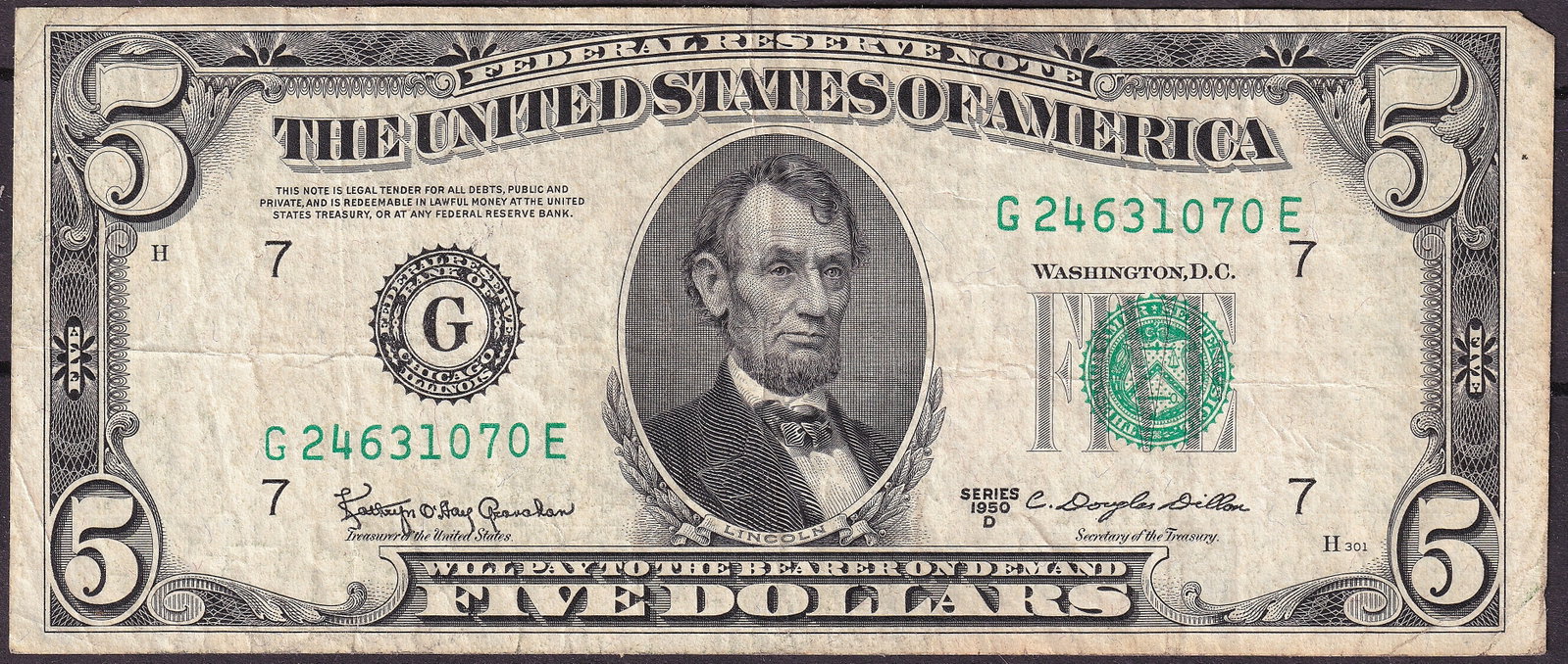 1950D USA $5 Federal Reserve Note Fr 1963G Chicago G24631070E (1 of 2)