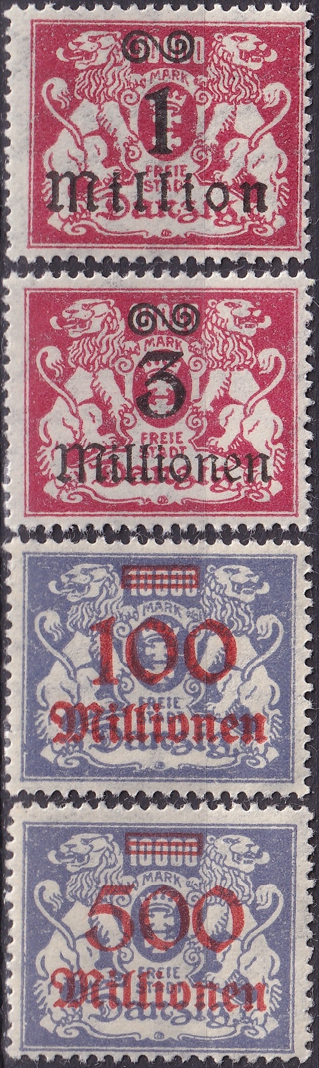 1923 Free City of Danzig Inflation Set SG 148 150 159 161 Mint: Issued during the dramatic German hyperinflation crisis of 1923, this mint set of four definitive overprinted stamps from the Free City of Danzig illustrates the rapidly escalating postal rates that a