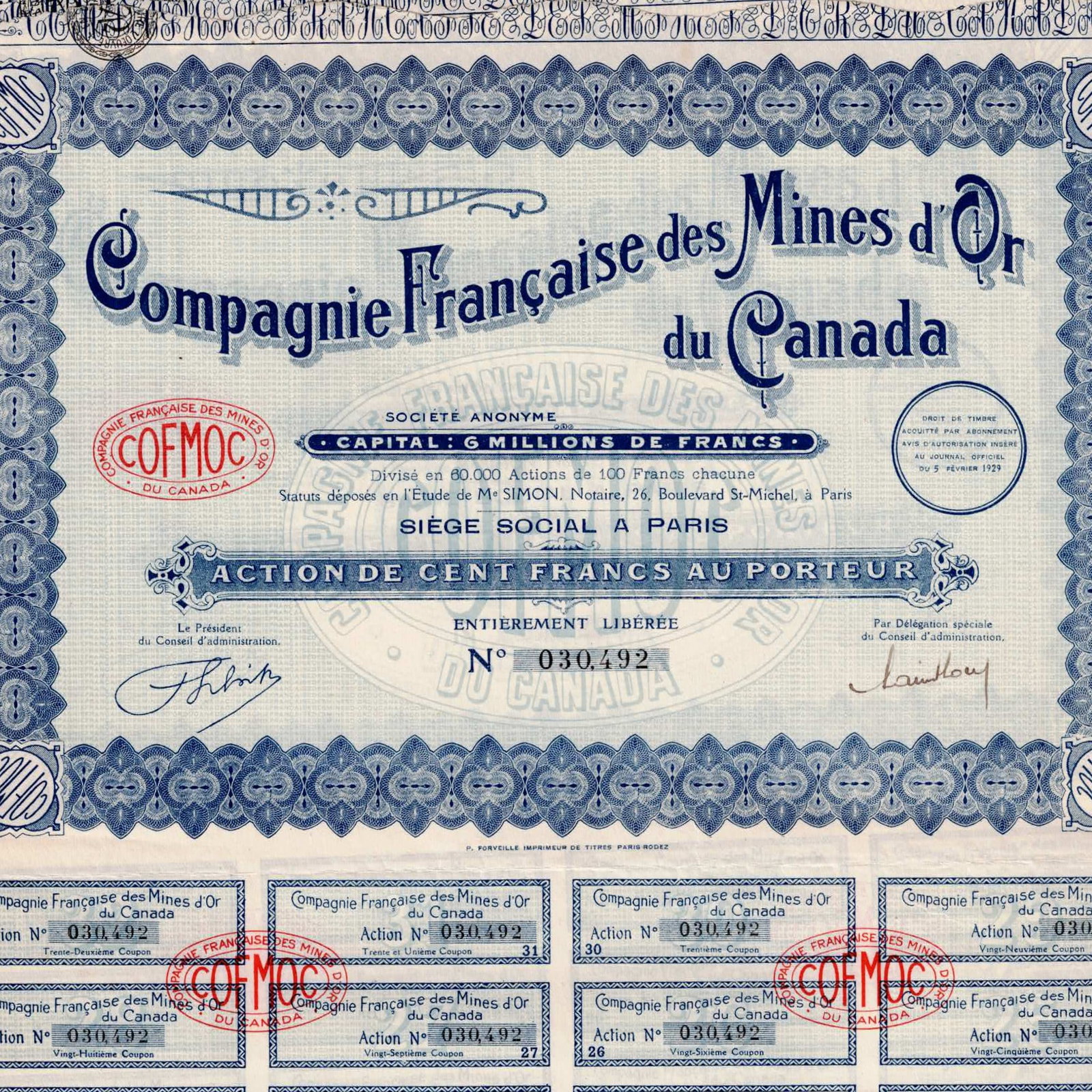 Lot of 18 1920 France Canada COFMOC Gold Mining Share Certificate 100 Francs (1 of 5)
