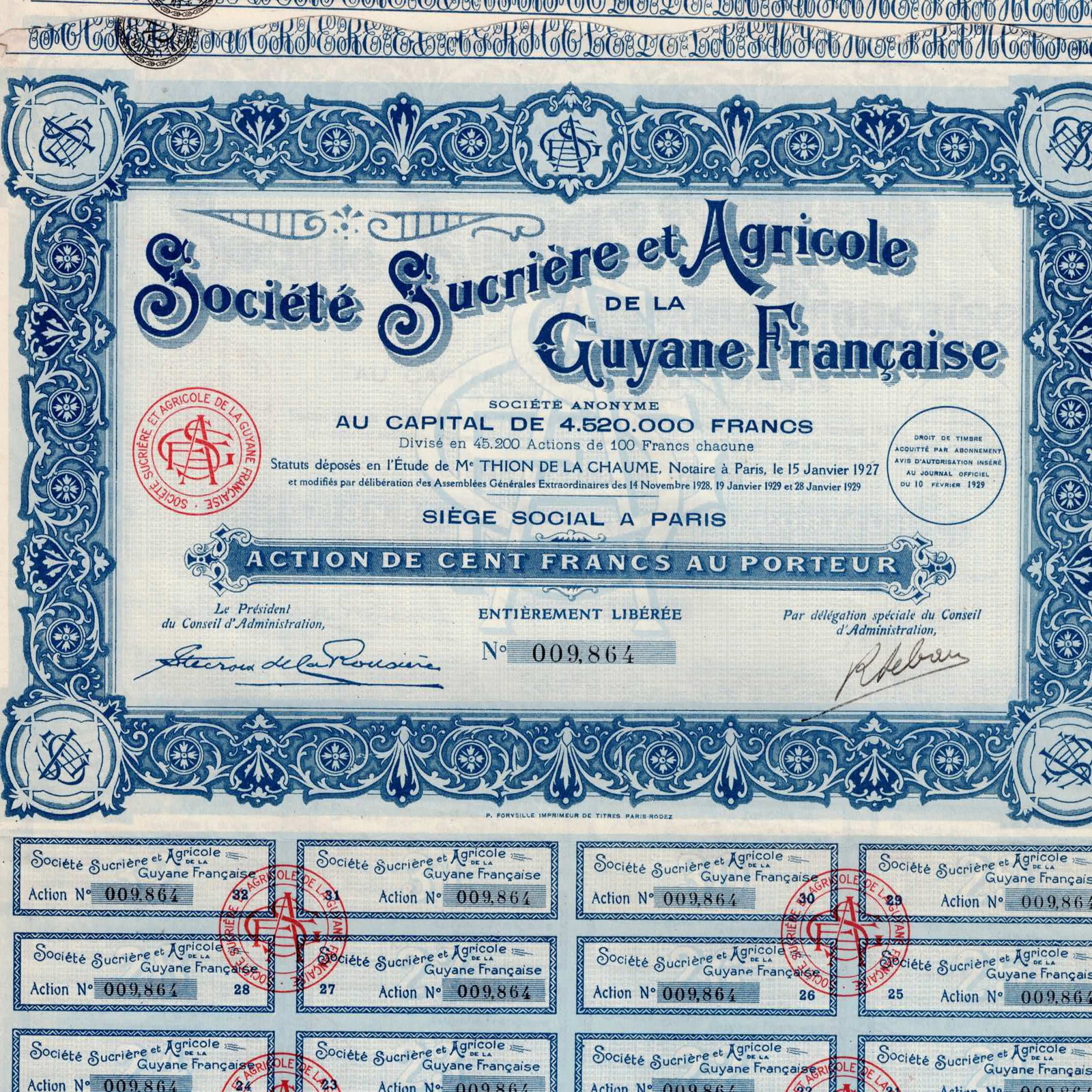 Lot of 16 1920 French Guiana Sugar Company Share Certificates 100 Francs Paris: This attractive investment lot comprises 16 original bearer share certificates issued by Société Sucrière et Agricole de la Guyane Française, each representing 100 Francs and printed in Paris duri