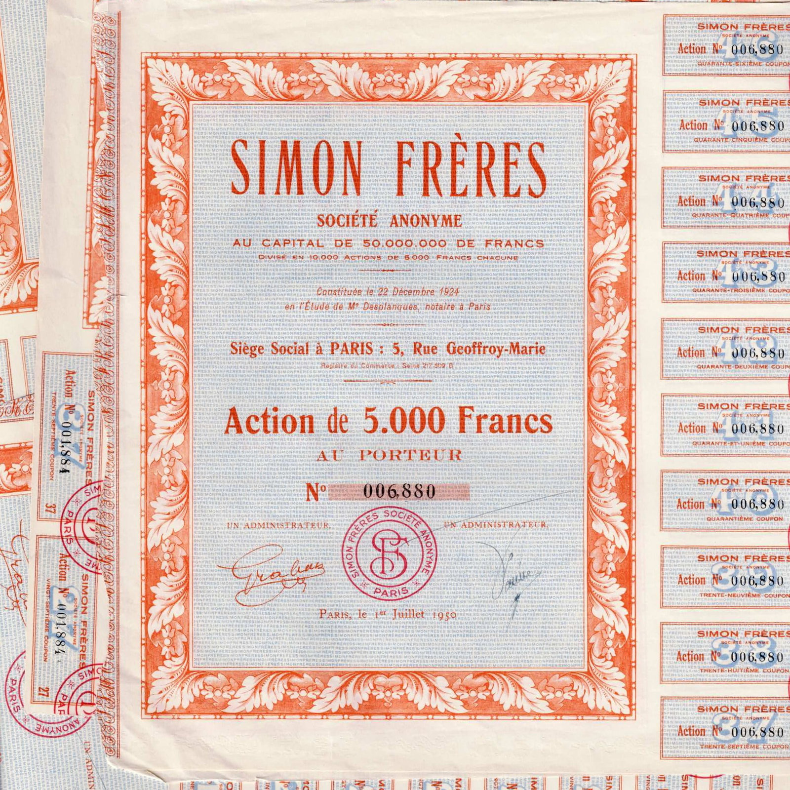 1950 Simon Frères France 5000 Francs Share Certificates Lot of 8 (1 of 5)