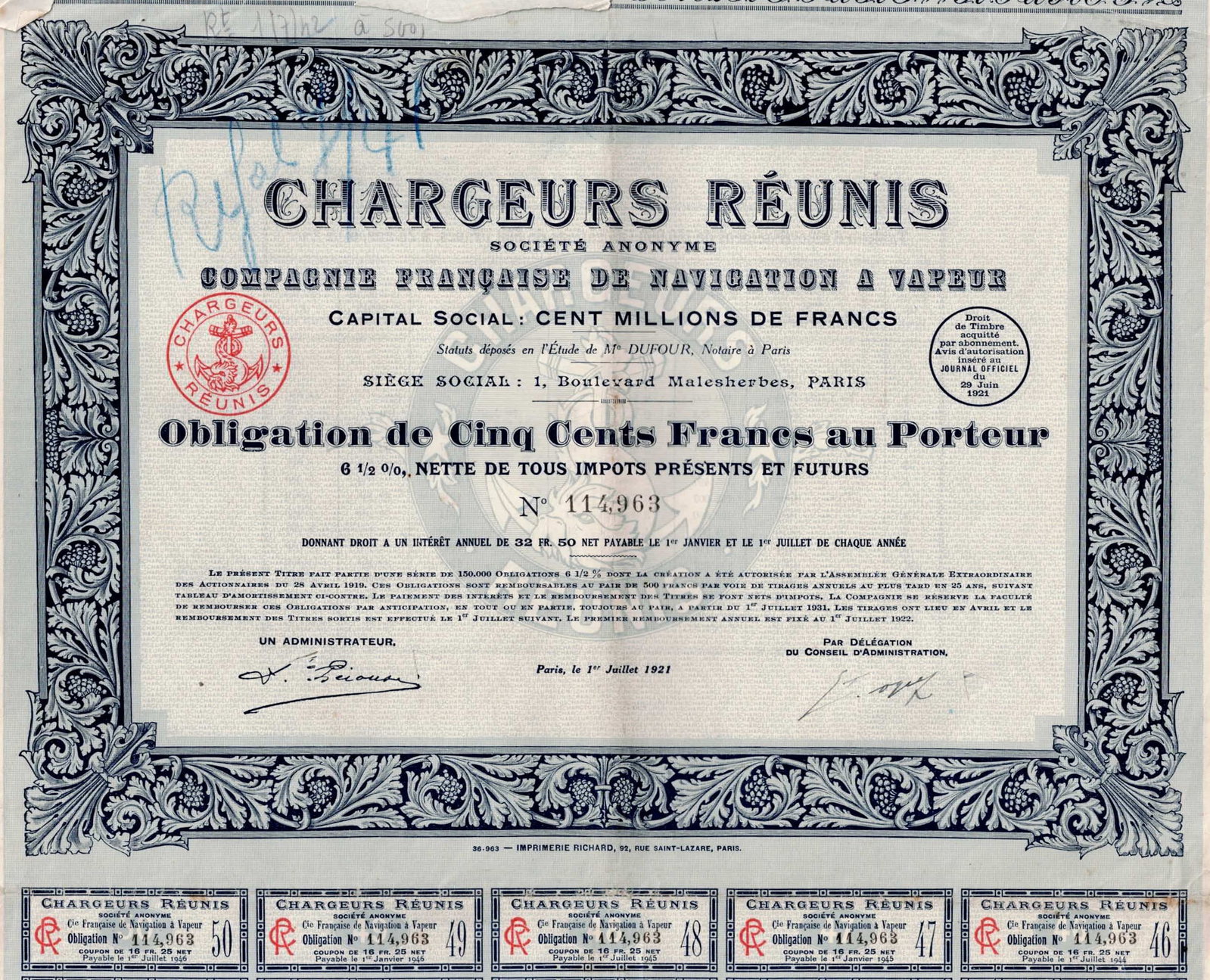1921 Chargeurs Réunis France 500 Francs Bond Lot of 25 Certificates (1 of 5)