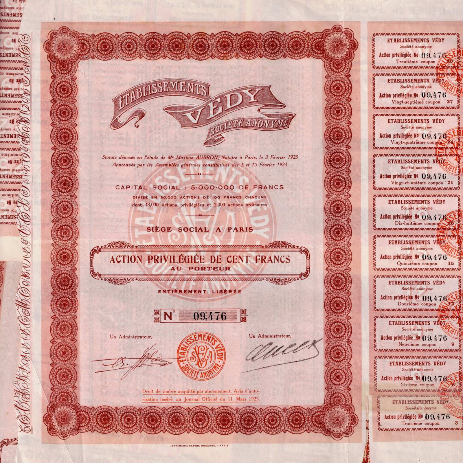 Lot of 61 1923 Établissements Védy France 100 Francs Share Certificate (1 of 4)