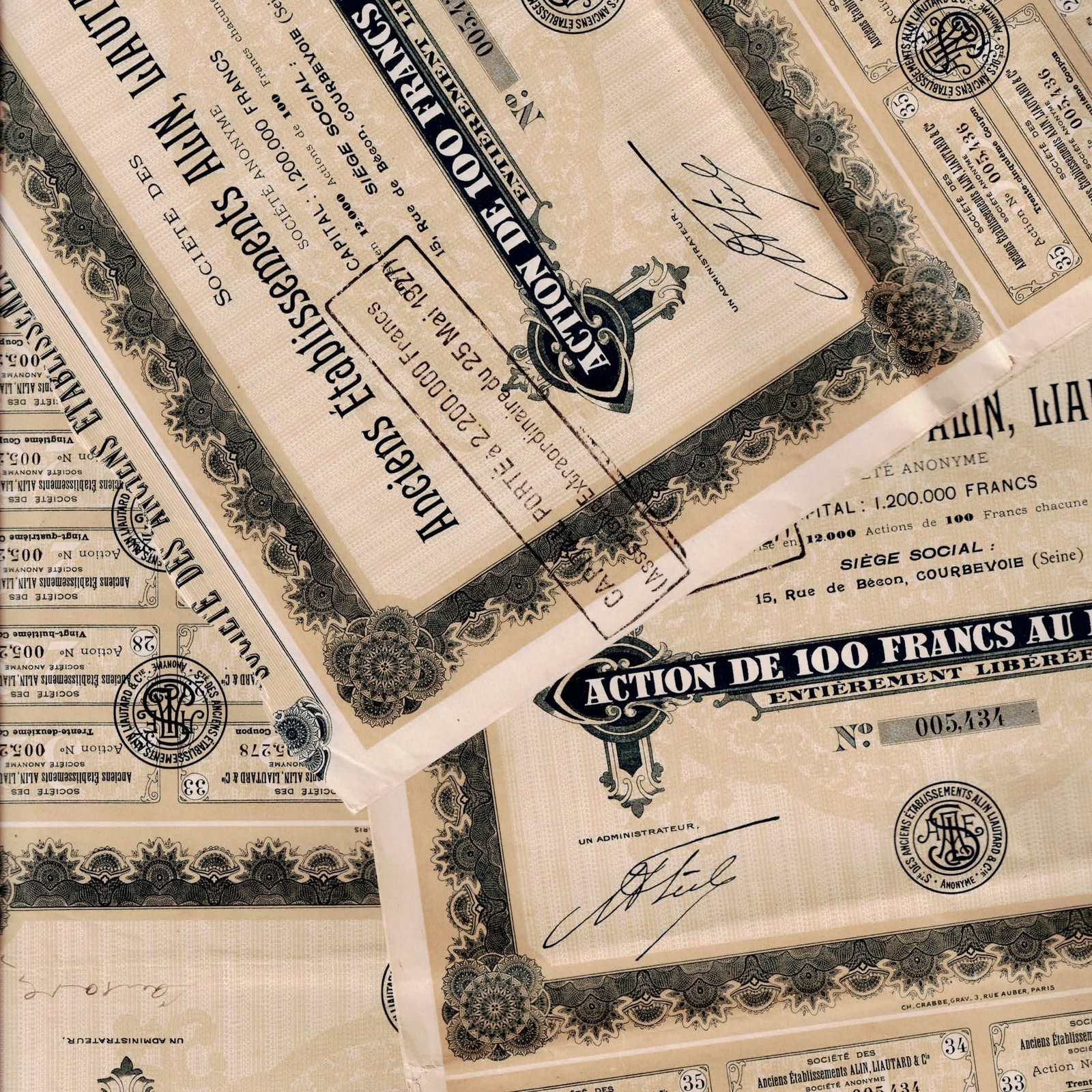 lot 11 1927 France Alin Liautard 100 Francs Share Certificate (1 of 5)