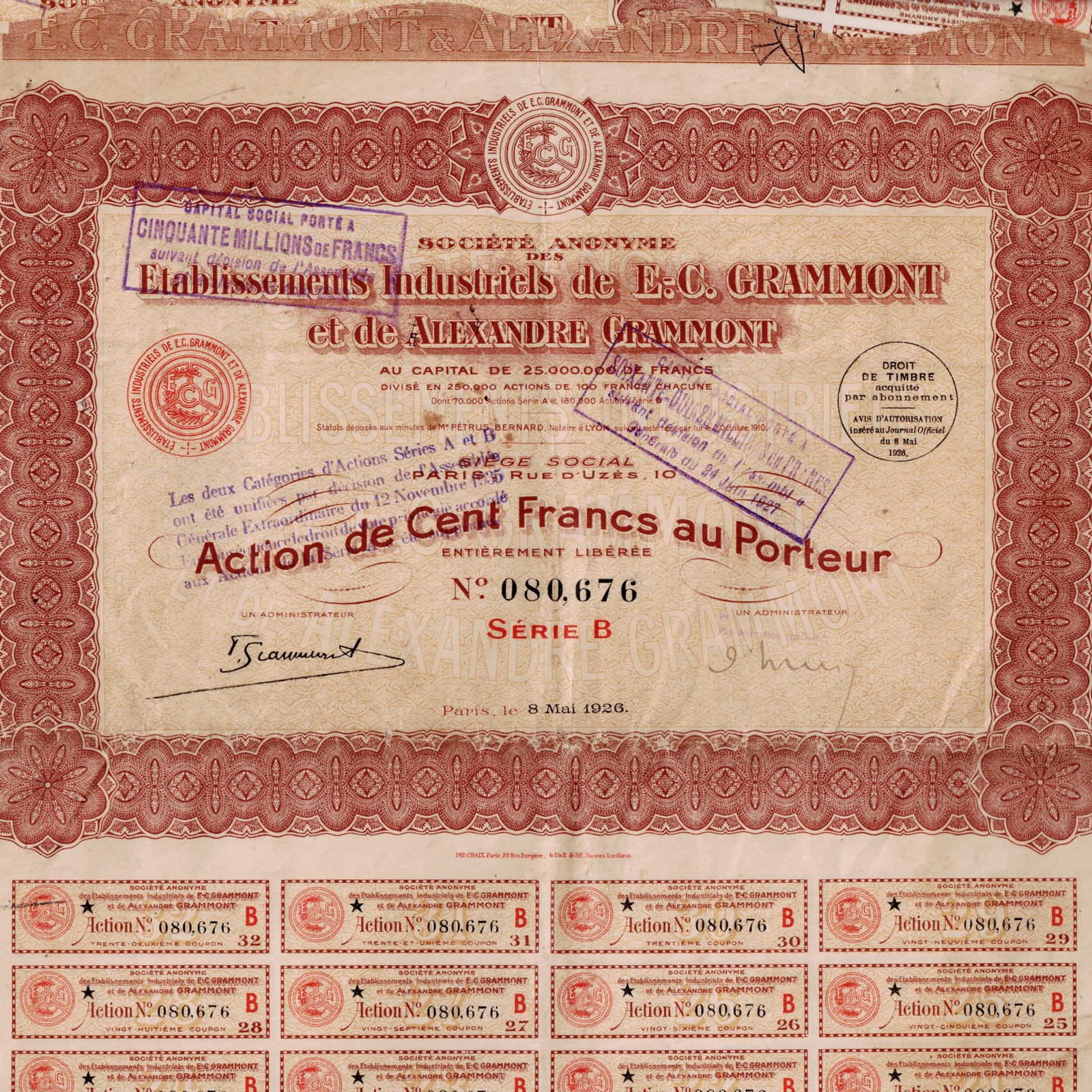 lot of 13 1926 France E.C. Grammont 100 Francs Share Certificates (1 of 9)