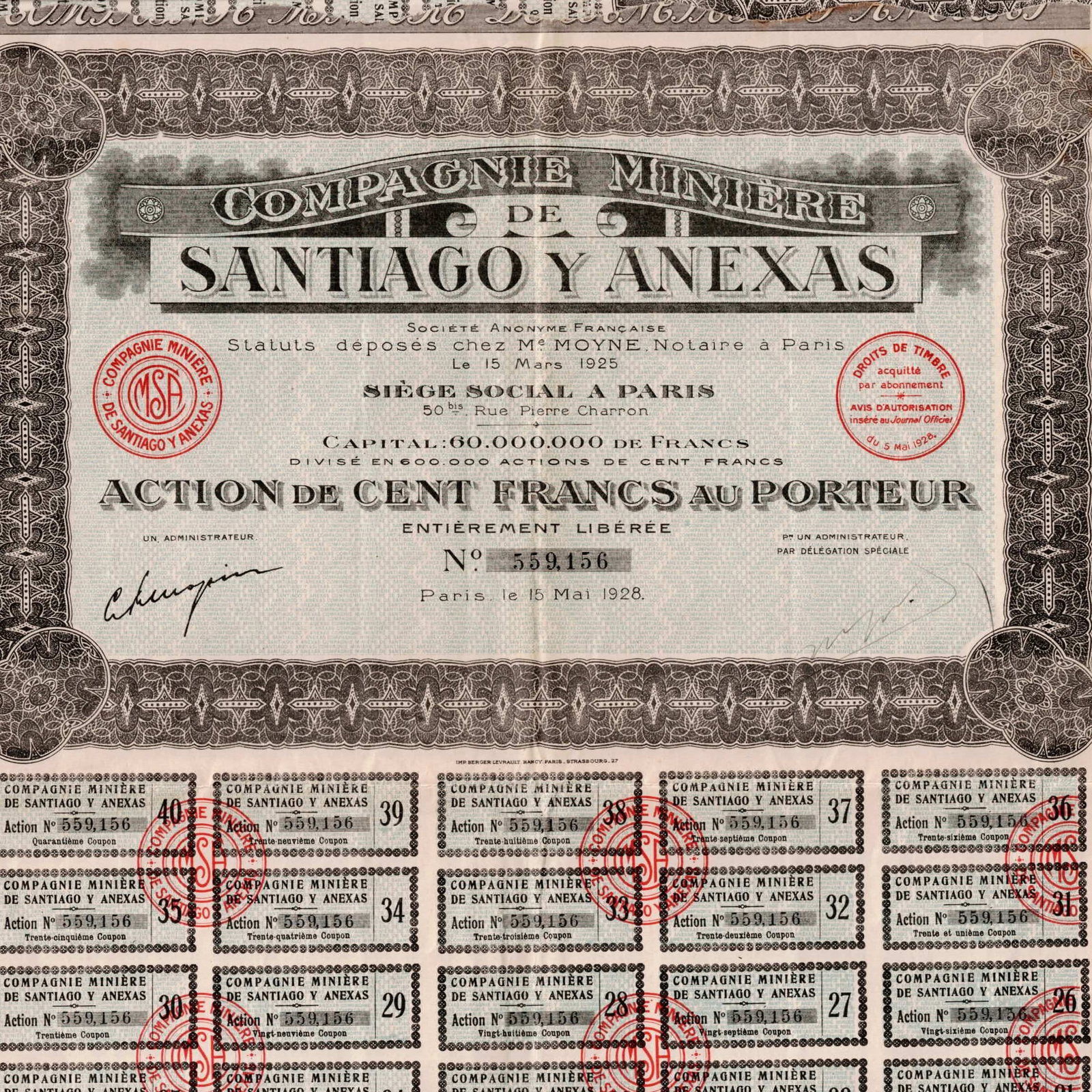 lot of 3 1928 France Santiago y Anexas Mining 100 Francs Shares (1 of 6)