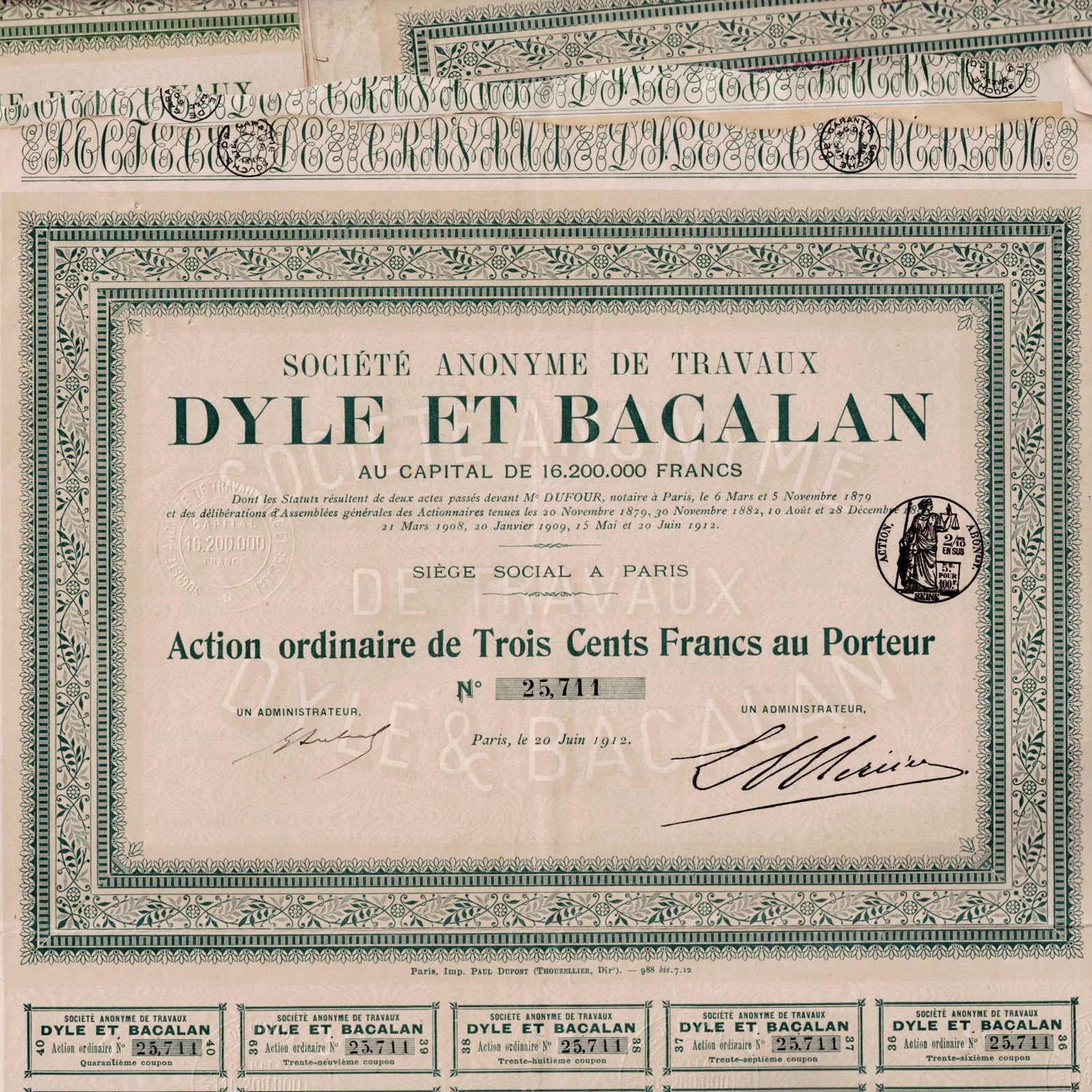Lot of 12 1912 France Dyle et Bacalan 300 Francs Share Certificate (1 of 6)