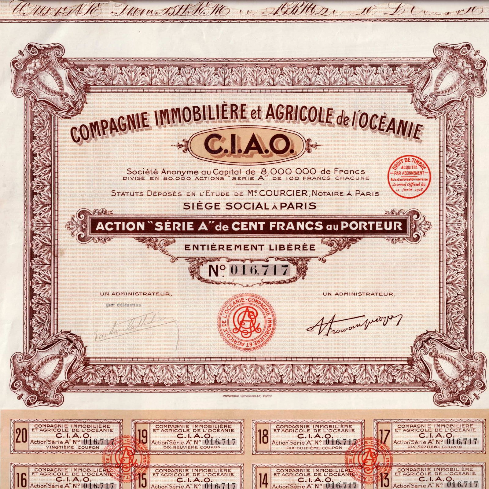 Lot of 9 1928 France CIAO Oceania 100 Francs Share Certificate: Lot of 9 original French bearer share certificates issued by Compagnie Immobilière et Agricole de l'Océanie (C.I.A.O.), an investment company established to finance and develop agricultural, plantat